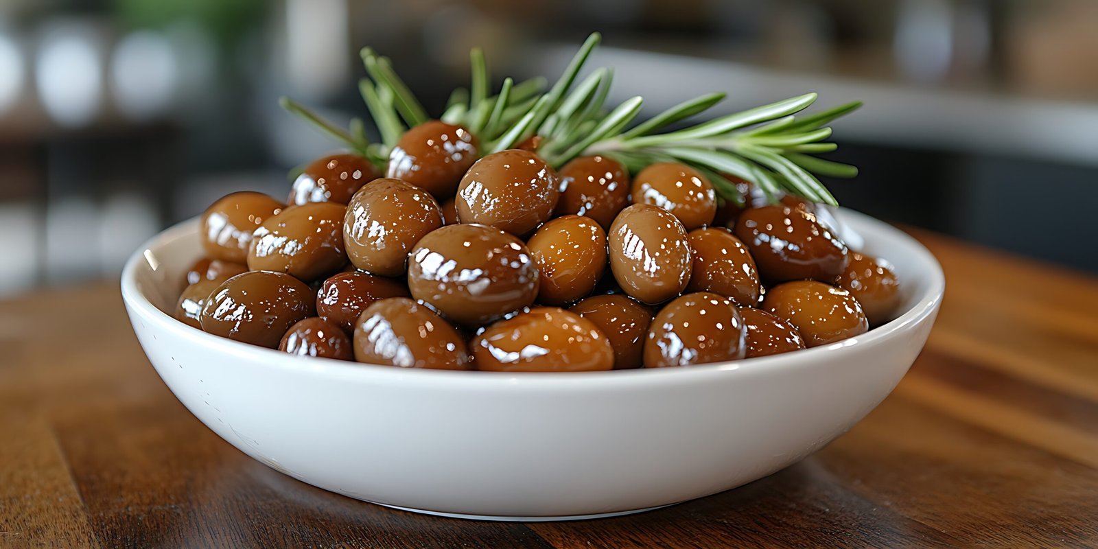 a bowl of olives with a sprig of rosemary